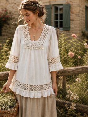 Cute Options White Crochet Trim Boho Cottagecore Tunic Blouse 100% Cotton